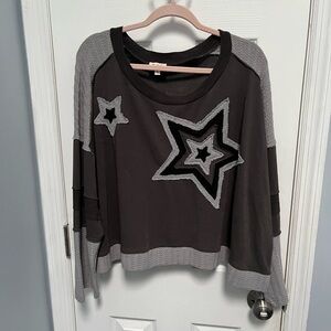 POL Star Patch Colorblock Womens Large Crop Long Sleeve Grey Gray Oversized
